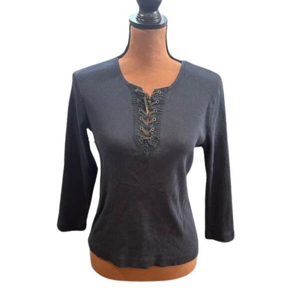 Ralph Lauren Tops - Lauren Ralph Lauren Vintage Lace-Up Ribbed ¾ Sleeve Tee – Size Medium Petite